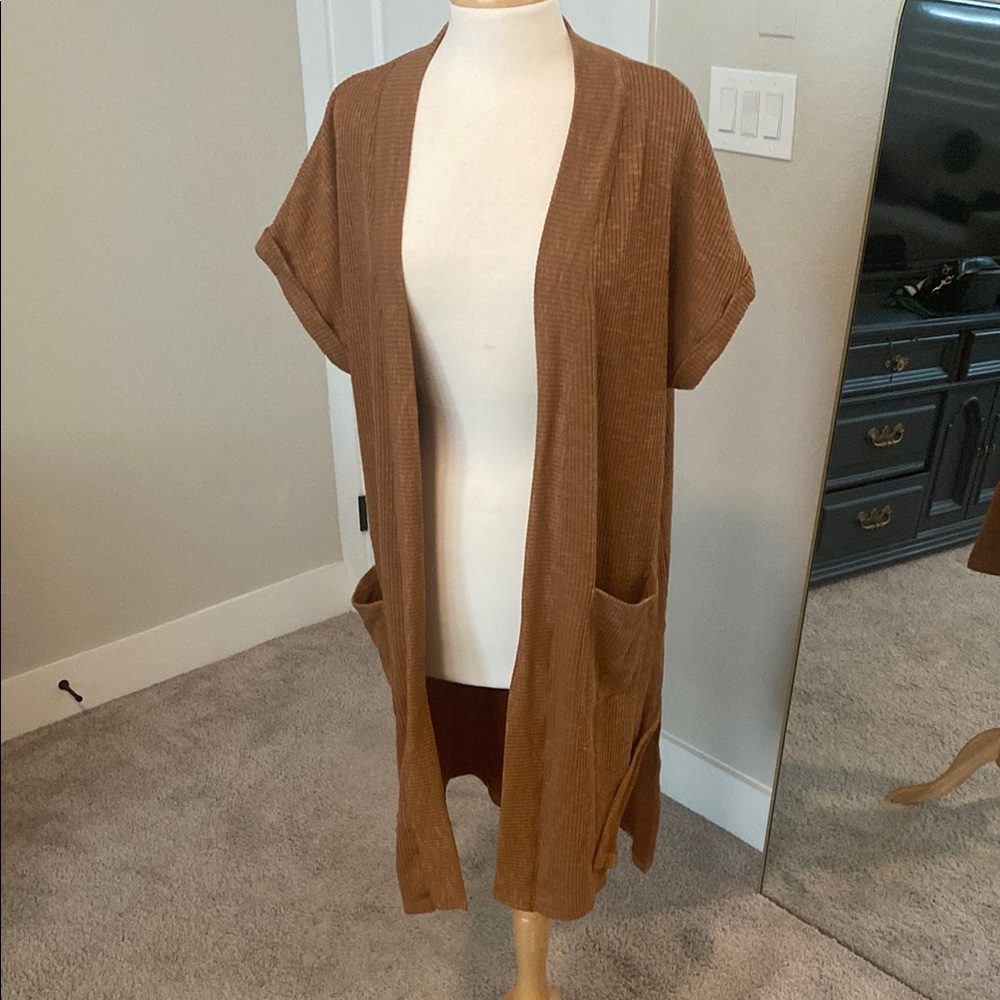 Brown Ribbed Open-Front Cardigan